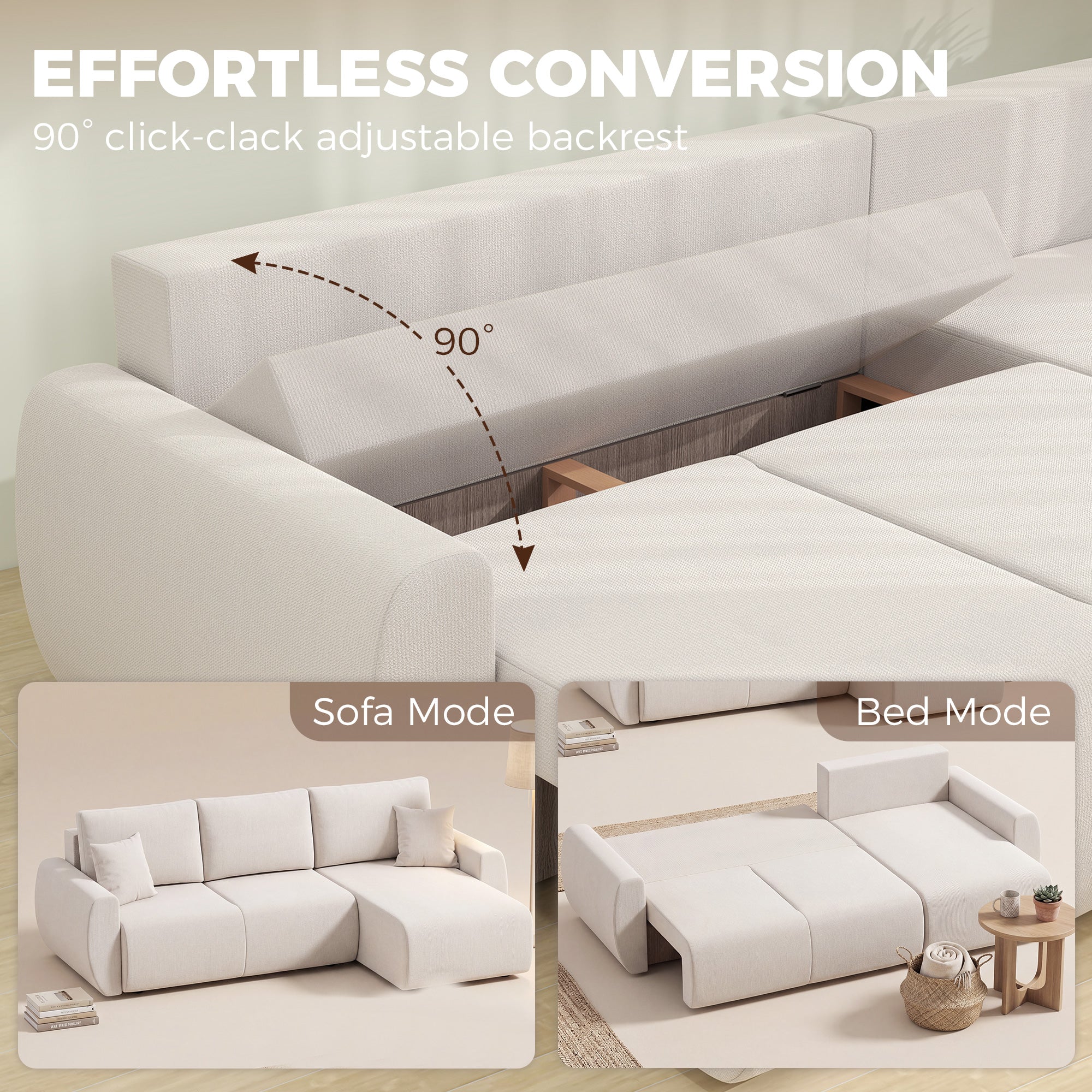 L-Shaped 3-Seater Sofa Bed with Reversible Chaise, Faux Suede, Storage, Cream