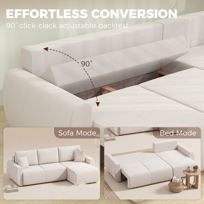 L-Shaped 3-Seater Sofa Bed with Reversible Chaise, Faux Suede, Storage, Cream