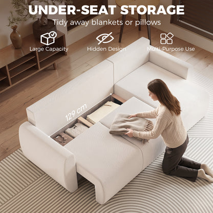 L-Shaped 3-Seater Sofa Bed with Reversible Chaise, Faux Suede, Storage, Cream