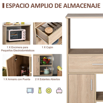 Kitchen Trolley for Microwave Storage Cabinet with 4 Wheels and Brakes Drawer Open Shelves Compartment with Door 60x40x108 cm Oak