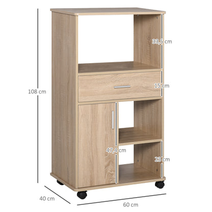 Kitchen Trolley for Microwave Storage Cabinet with 4 Wheels and Brakes Drawer Open Shelves Compartment with Door 60x40x108 cm Oak