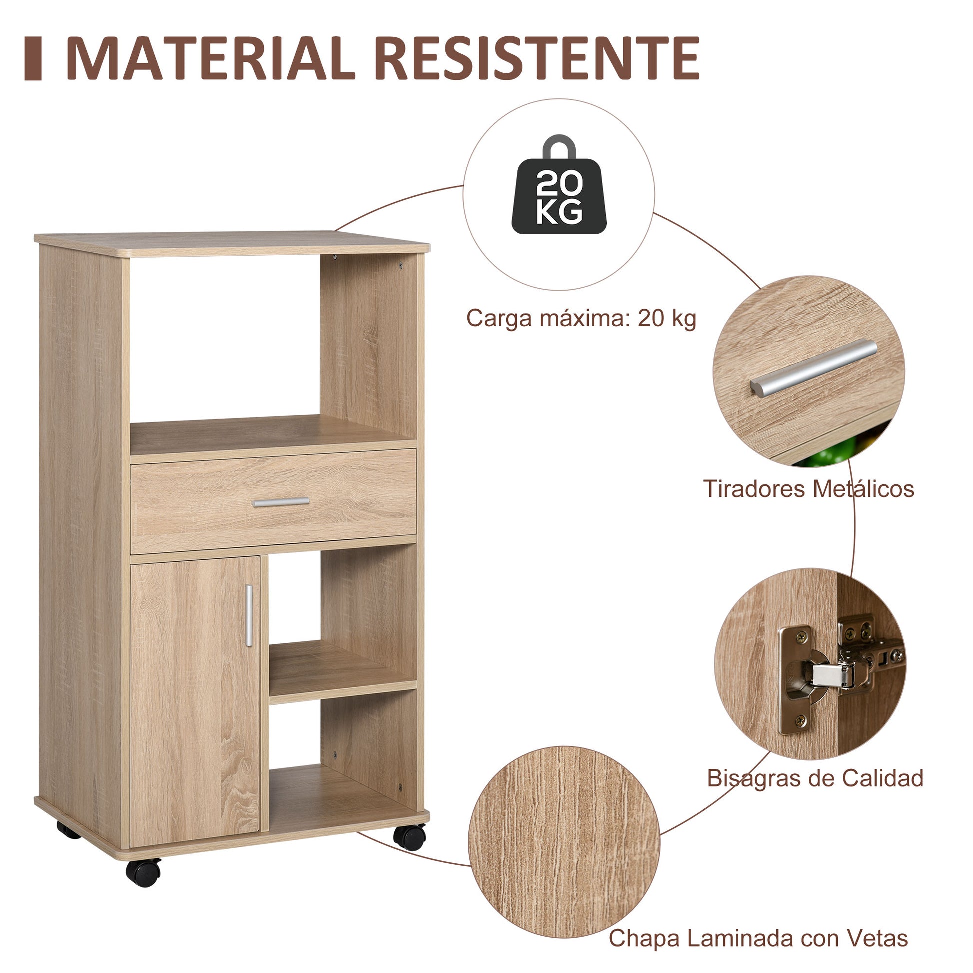 Kitchen Trolley for Microwave Storage Cabinet with 4 Wheels and Brakes Drawer Open Shelves Compartment with Door 60x40x108 cm Oak