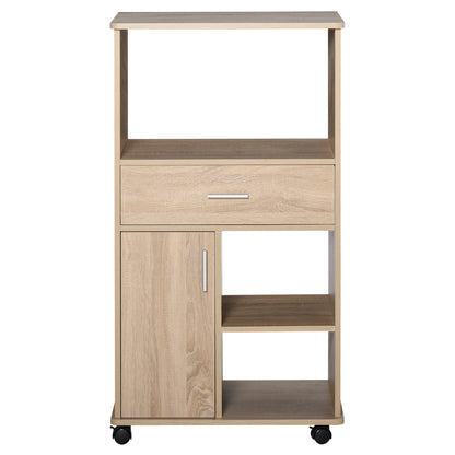 Kitchen Trolley for Microwave Storage Cabinet with 4 Wheels and Brakes Drawer Open Shelves Compartment with Door 60x40x108 cm Oak