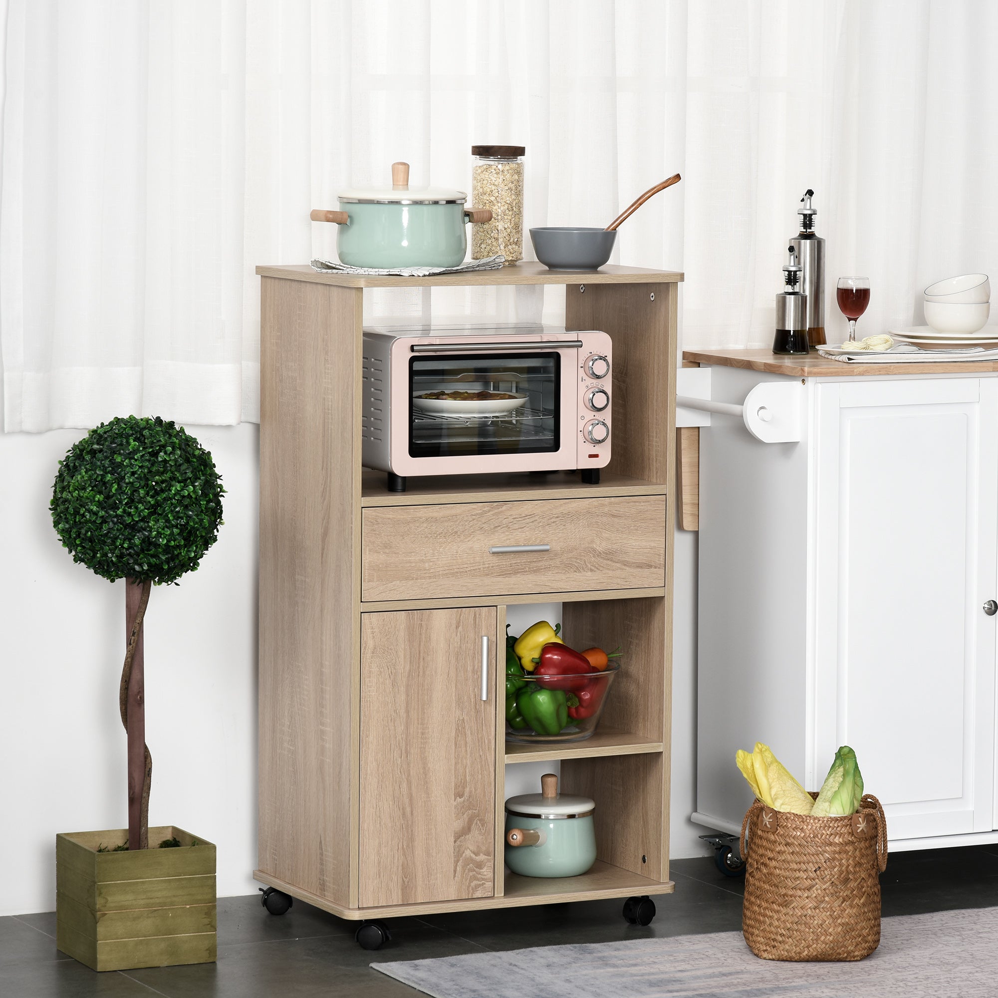 Kitchen Trolley for Microwave Storage Cabinet with 4 Wheels and Brakes Drawer Open Shelves Compartment with Door 60x40x108 cm Oak