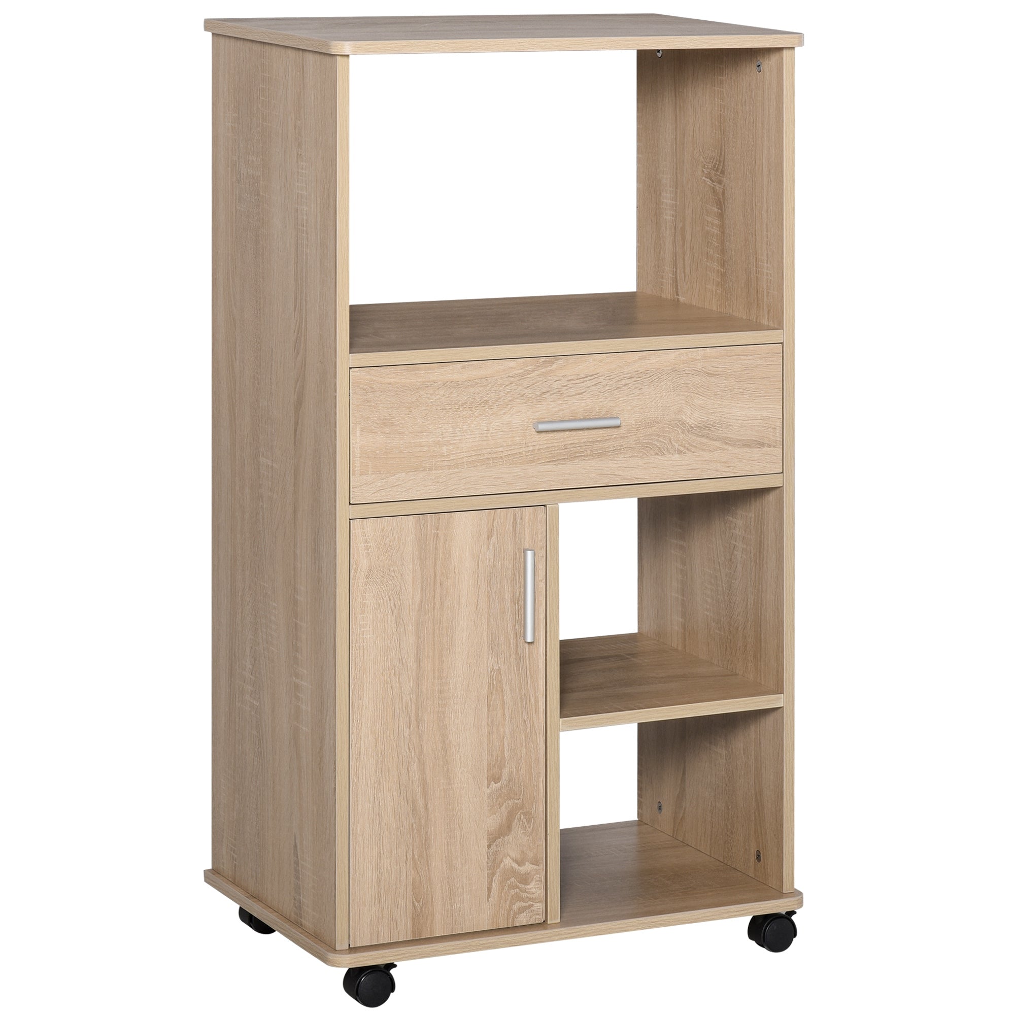 Kitchen Trolley for Microwave Storage Cabinet with 4 Wheels and Brakes Drawer Open Shelves Compartment with Door 60x40x108 cm Oak