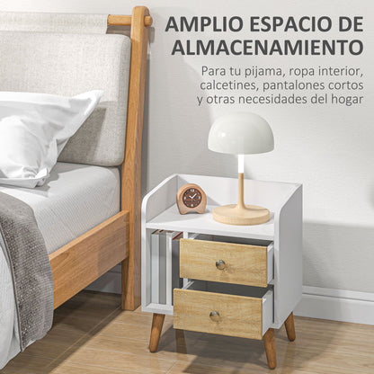 Bedside Table Nightstand with 2 Large Drawers and 1 Open Shelf and Raised Pine Legs Nordic Design for Living Room Bedroom 43x30x49 cm White