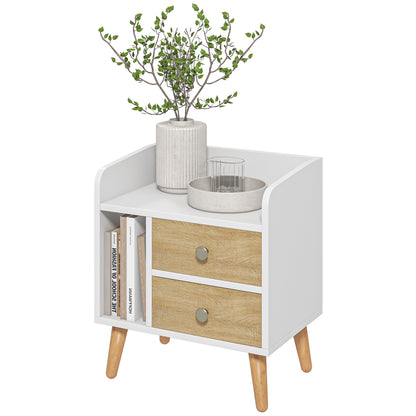 Bedside Table Nightstand with 2 Large Drawers and 1 Open Shelf and Raised Pine Legs Nordic Design for Living Room Bedroom 43x30x49 cm White