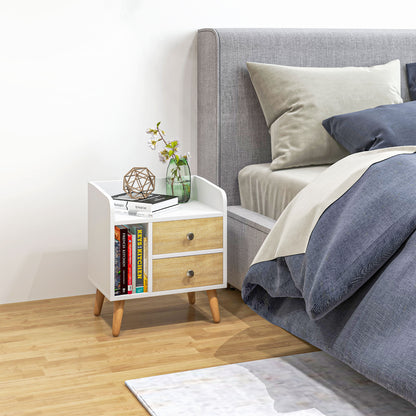 Bedside Table Nightstand with 2 Large Drawers and 1 Open Shelf and Raised Pine Legs Nordic Design for Living Room Bedroom 43x30x49 cm White