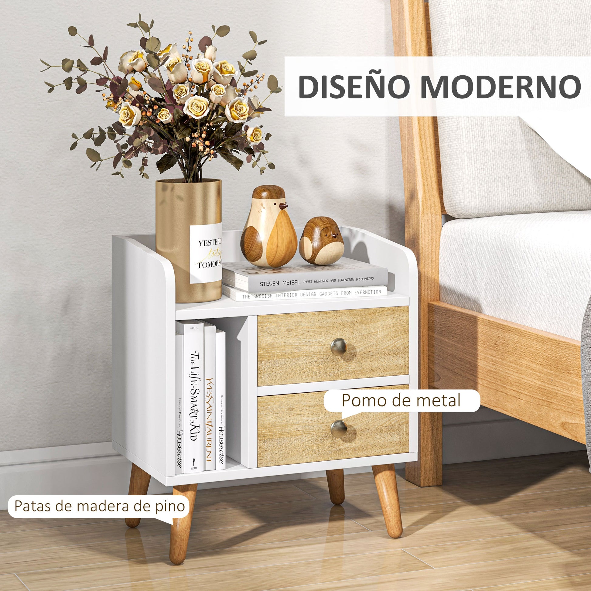 Bedside Table Nightstand with 2 Large Drawers and 1 Open Shelf and Raised Pine Legs Nordic Design for Living Room Bedroom 43x30x49 cm White