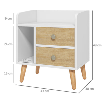 Bedside Table Nightstand with 2 Large Drawers and 1 Open Shelf and Raised Pine Legs Nordic Design for Living Room Bedroom 43x30x49 cm White