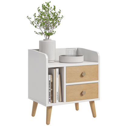 Bedside Table Nightstand with 2 Large Drawers and 1 Open Shelf and Raised Pine Legs Nordic Design for Living Room Bedroom 43x30x49 cm White