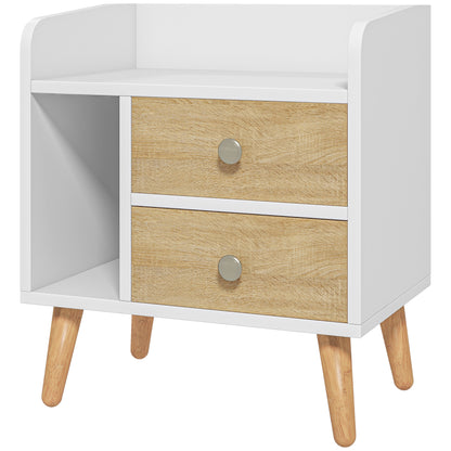 Bedside Table Nightstand with 2 Large Drawers and 1 Open Shelf and Raised Pine Legs Nordic Design for Living Room Bedroom 43x30x49 cm White