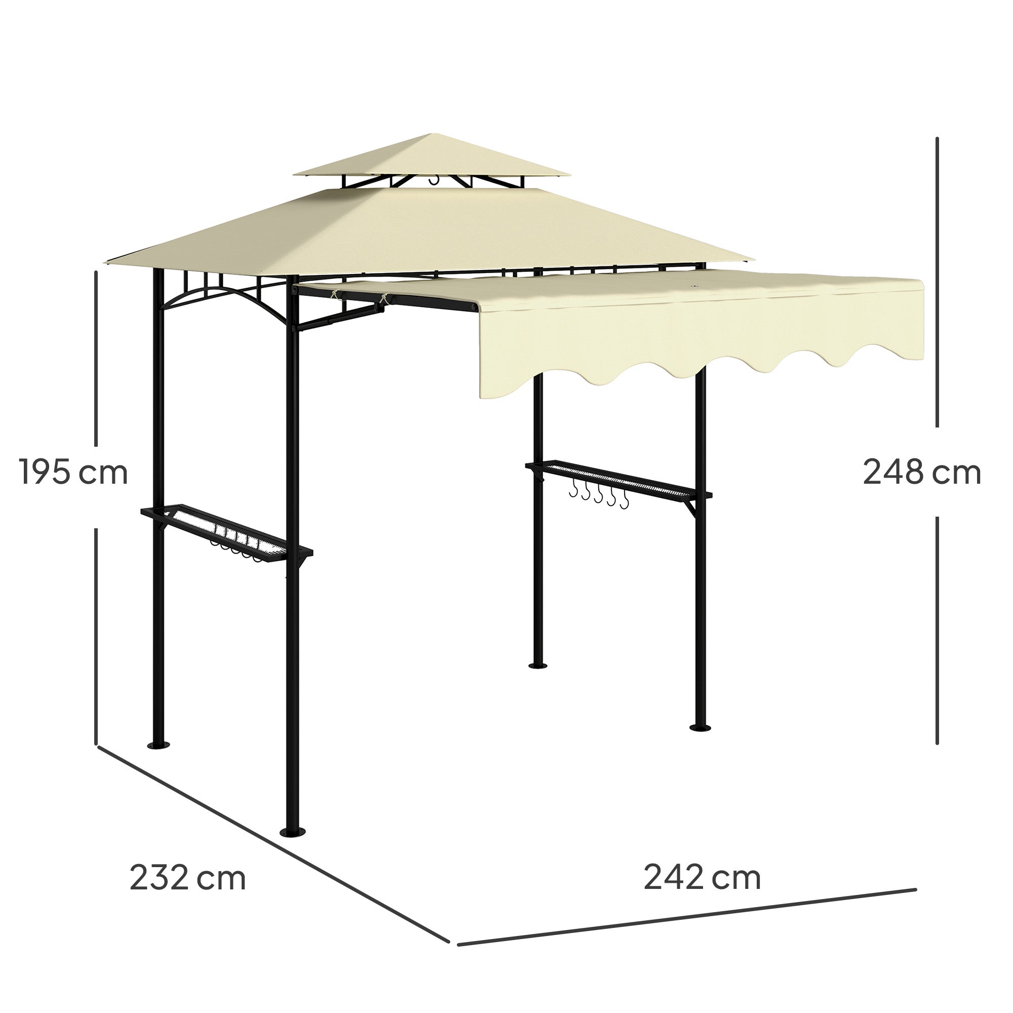 BBQ Gazebo Canopy — 7 ft 11 in x 4 ft 11 in x 8 ft 2 in, Fire-Resistant PA Roof, Double-Layer Top, Side Shelves, UV30+, Beige