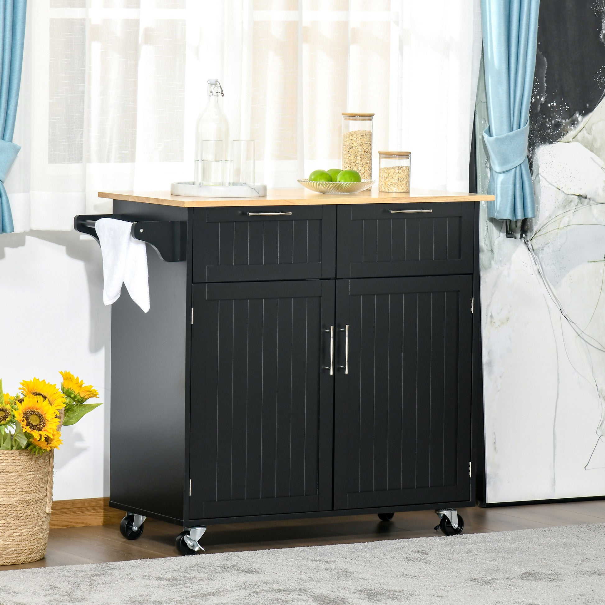 Kitchen Island Cart on Wheels Kitchen Trolley Kitchen Cabinet with 2 Doors 2 Drawers Towel Rack and Adjustable Shelf for Dining Room Living Room 104x46x91 cm Black