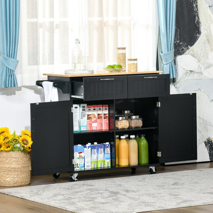 Kitchen Island Cart on Wheels Kitchen Trolley Kitchen Cabinet with 2 Doors 2 Drawers Towel Rack and Adjustable Shelf for Dining Room Living Room 104x46x91 cm Black
