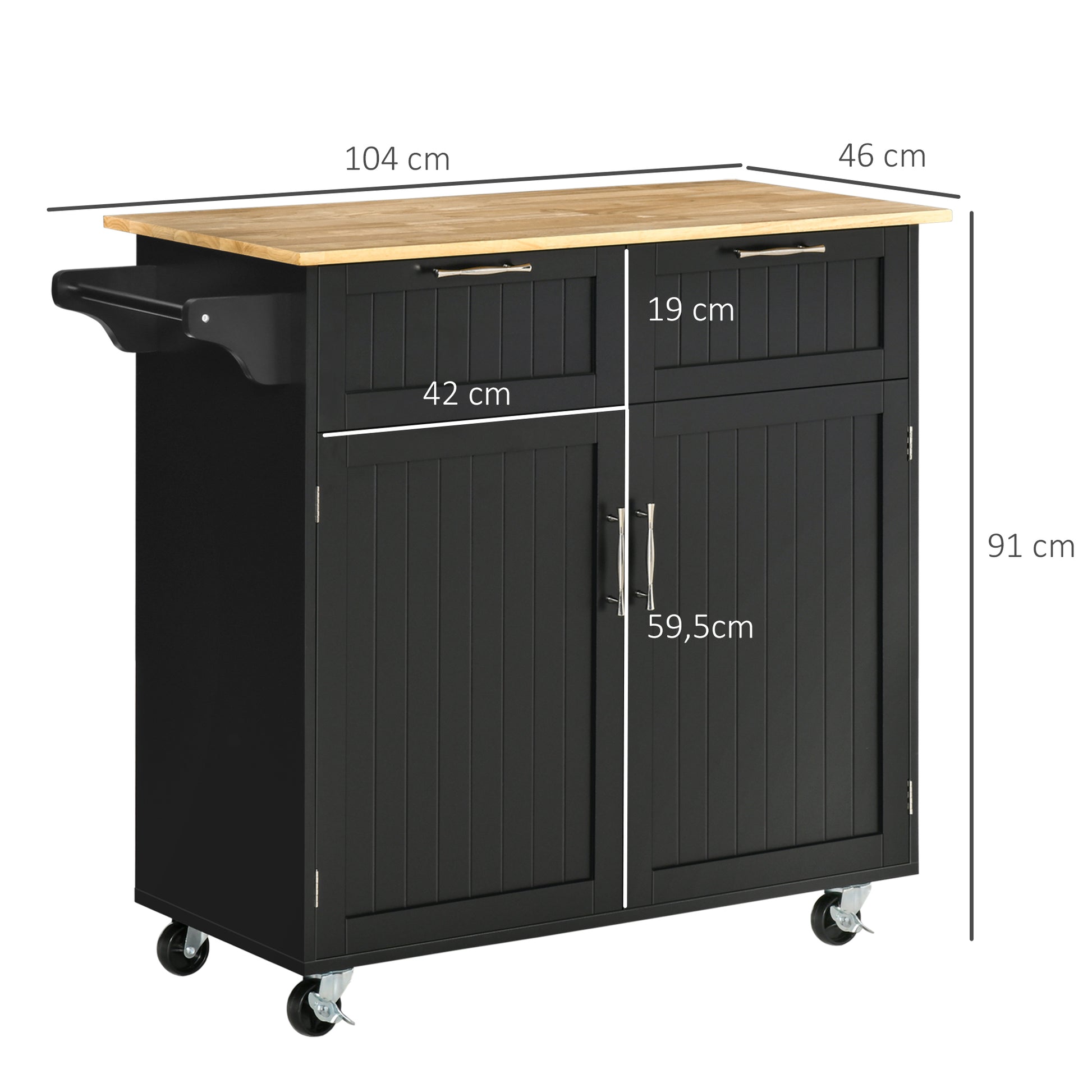 Kitchen Island Cart on Wheels Kitchen Trolley Kitchen Cabinet with 2 Doors 2 Drawers Towel Rack and Adjustable Shelf for Dining Room Living Room 104x46x91 cm Black