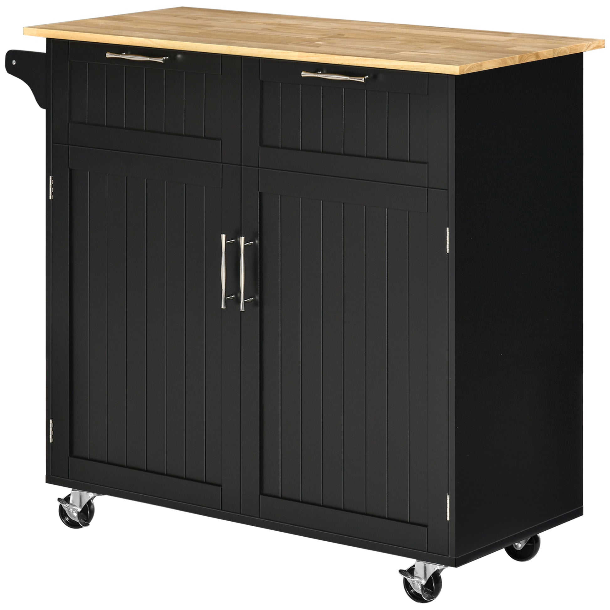 Kitchen Island Cart on Wheels Kitchen Trolley Kitchen Cabinet with 2 Doors 2 Drawers Towel Rack and Adjustable Shelf for Dining Room Living Room 104x46x91 cm Black