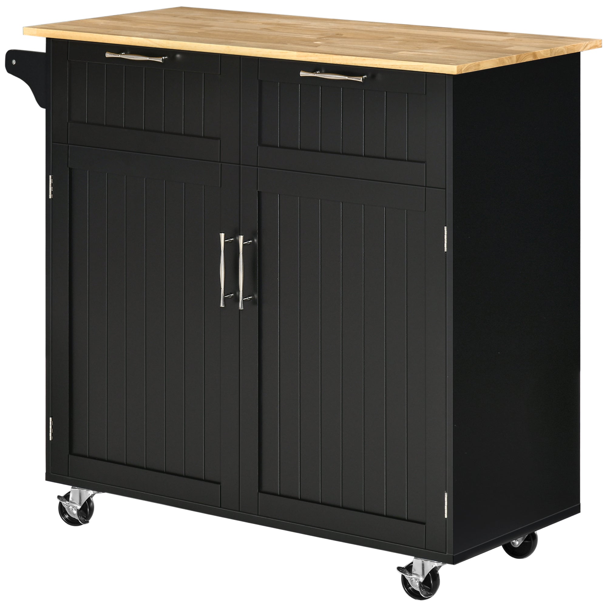 Kitchen Island Cart on Wheels Kitchen Trolley Kitchen Cabinet with 2 Doors 2 Drawers Towel Rack and Adjustable Shelf for Dining Room Living Room 104x46x91 cm Black