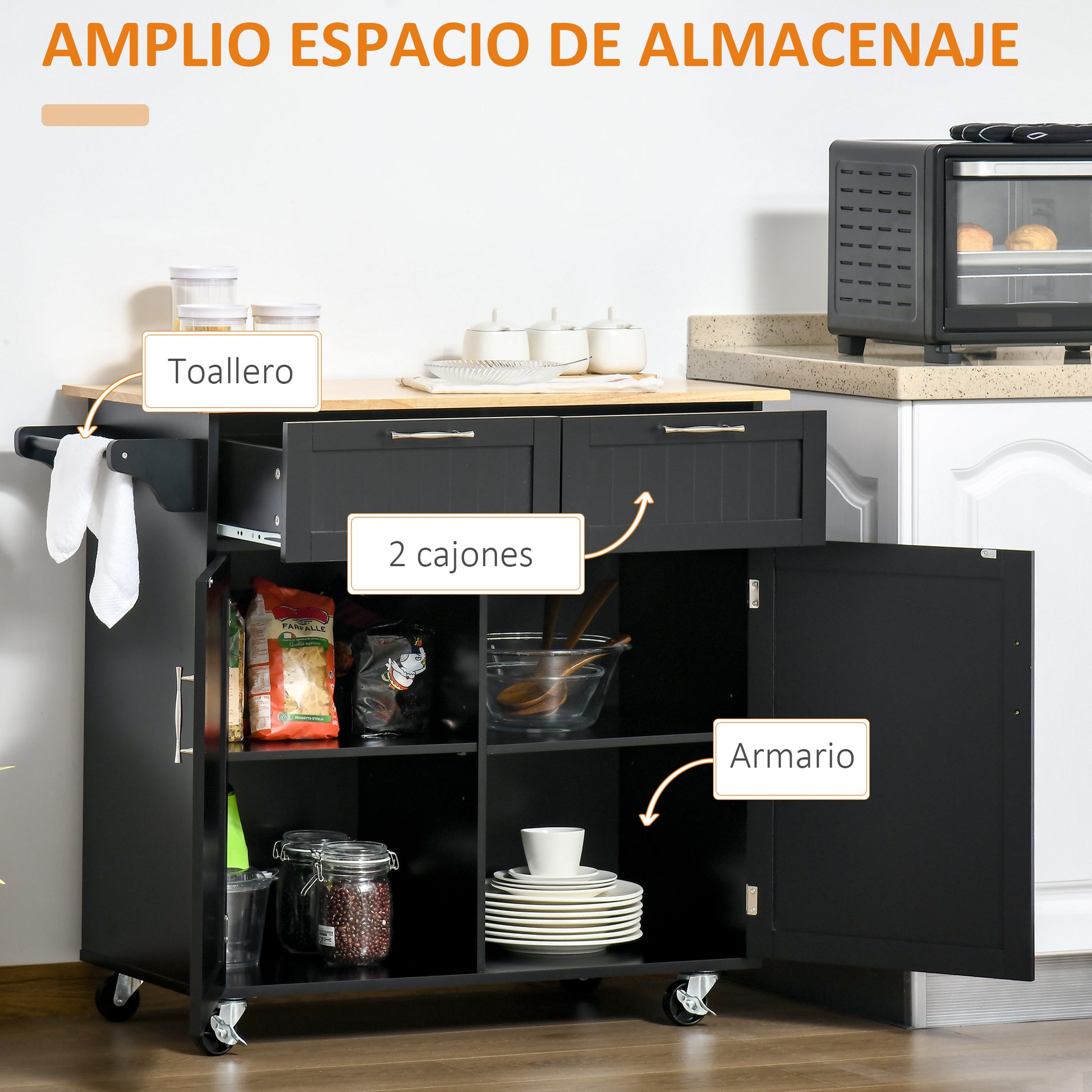 Kitchen Island Cart on Wheels Kitchen Trolley Kitchen Cabinet with 2 Doors 2 Drawers Towel Rack and Adjustable Shelf for Dining Room Living Room 104x46x91 cm Black
