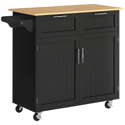 Kitchen Island Cart on Wheels Kitchen Trolley Kitchen Cabinet with 2 Doors 2 Drawers Towel Rack and Adjustable Shelf for Dining Room Living Room 104x46x91 cm Black
