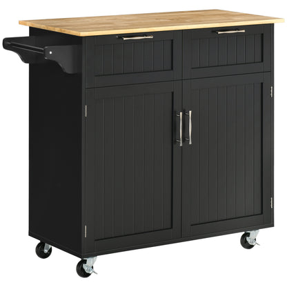 Kitchen Island Cart on Wheels Kitchen Trolley Kitchen Cabinet with 2 Doors 2 Drawers Towel Rack and Adjustable Shelf for Dining Room Living Room 104x46x91 cm Black