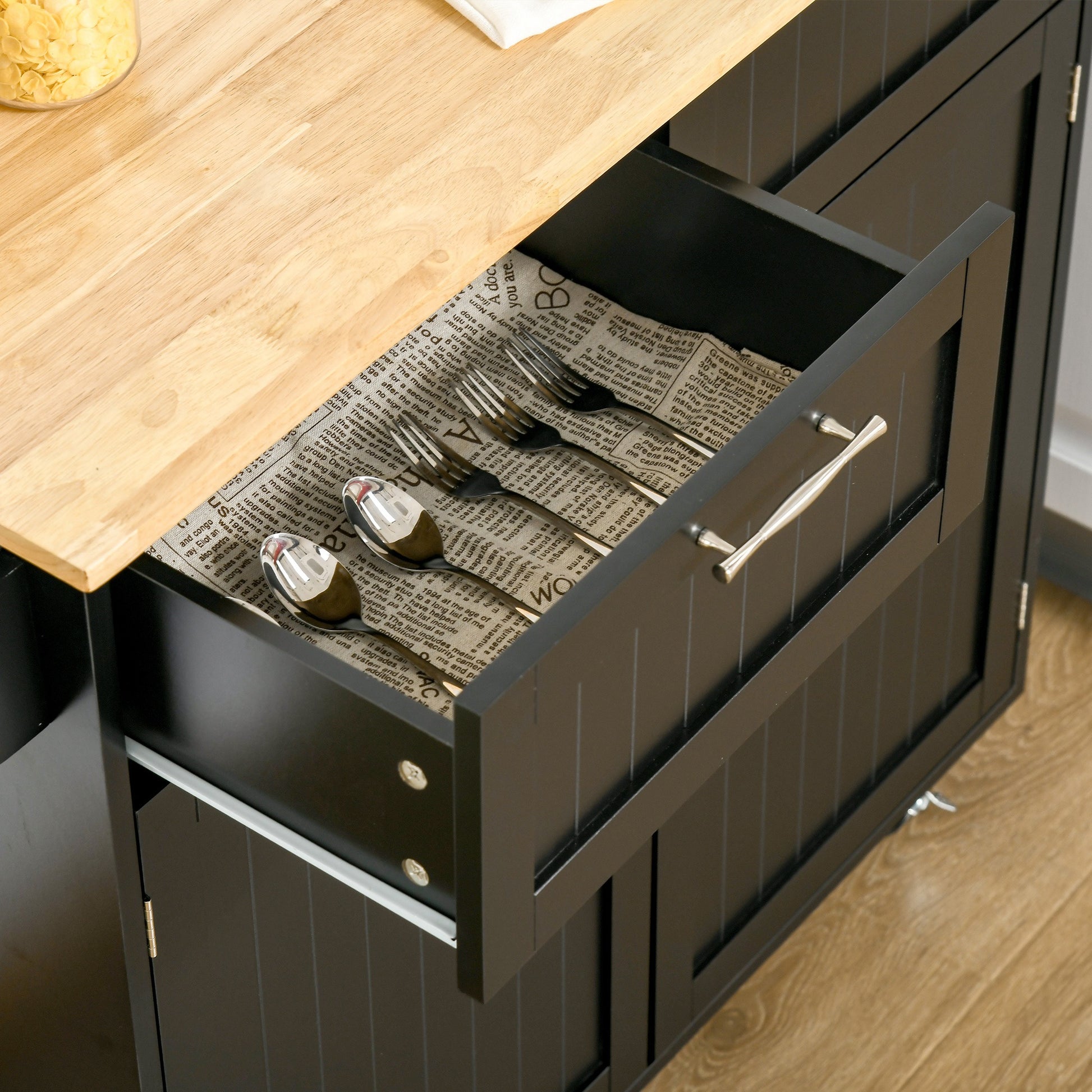 Kitchen Island Cart on Wheels Kitchen Trolley Kitchen Cabinet with 2 Doors 2 Drawers Towel Rack and Adjustable Shelf for Dining Room Living Room 104x46x91 cm Black