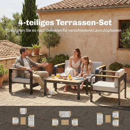 4-Piece Aluminum Garden Lounge Set for 4 — Water-Resistant, Extra-Deep Seating with 2-Seat Sofa, 2 Chairs & Coffee Table, Beige