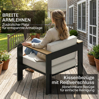 4-Piece Aluminum Garden Lounge Set for 4 — Water-Resistant, Extra-Deep Seating with 2-Seat Sofa, 2 Chairs & Coffee Table, Beige