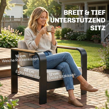 4-Piece Aluminum Garden Lounge Set for 4 — Water-Resistant, Extra-Deep Seating with 2-Seat Sofa, 2 Chairs & Coffee Table, Beige