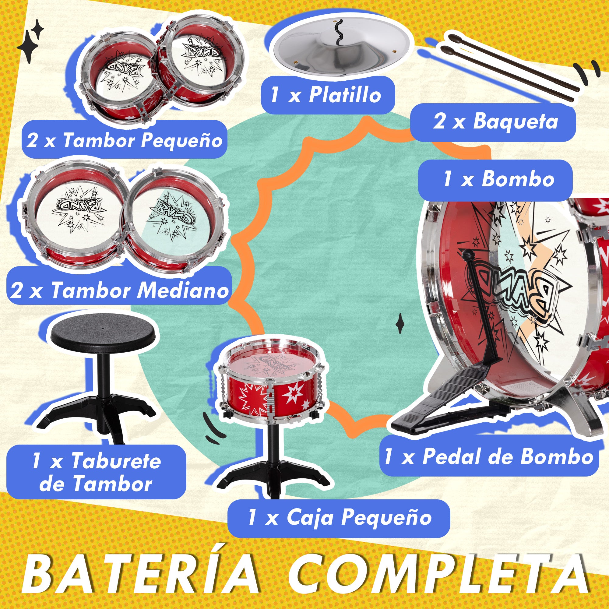 Kids Drum Set with Stool Children's Drum Kit for 3+ Years Old with Drums Bass Drum Cymbal Pedal and Drumsticks Star-themed Design 65x22x57 cm Red