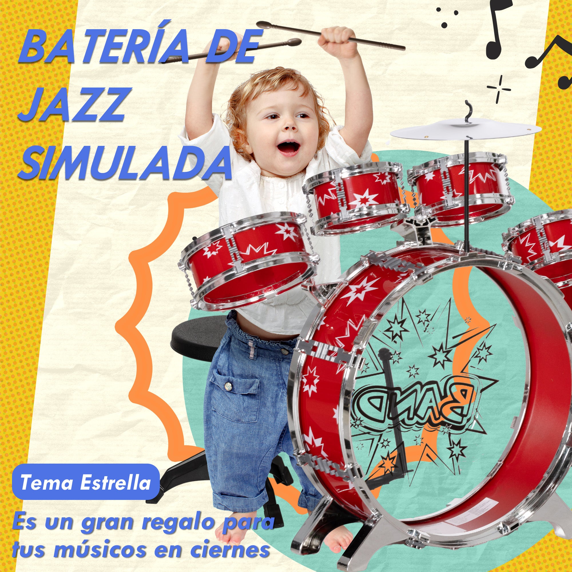 Kids Drum Set with Stool Children's Drum Kit for 3+ Years Old with Drums Bass Drum Cymbal Pedal and Drumsticks Star-themed Design 65x22x57 cm Red