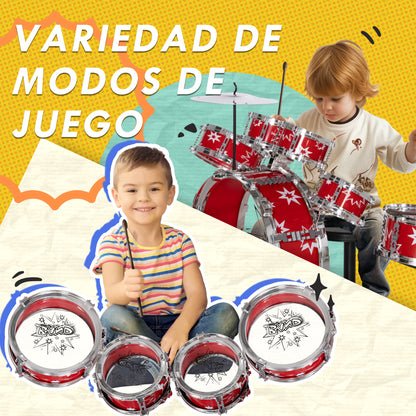 Kids Drum Set with Stool Children's Drum Kit for 3+ Years Old with Drums Bass Drum Cymbal Pedal and Drumsticks Star-themed Design 65x22x57 cm Red