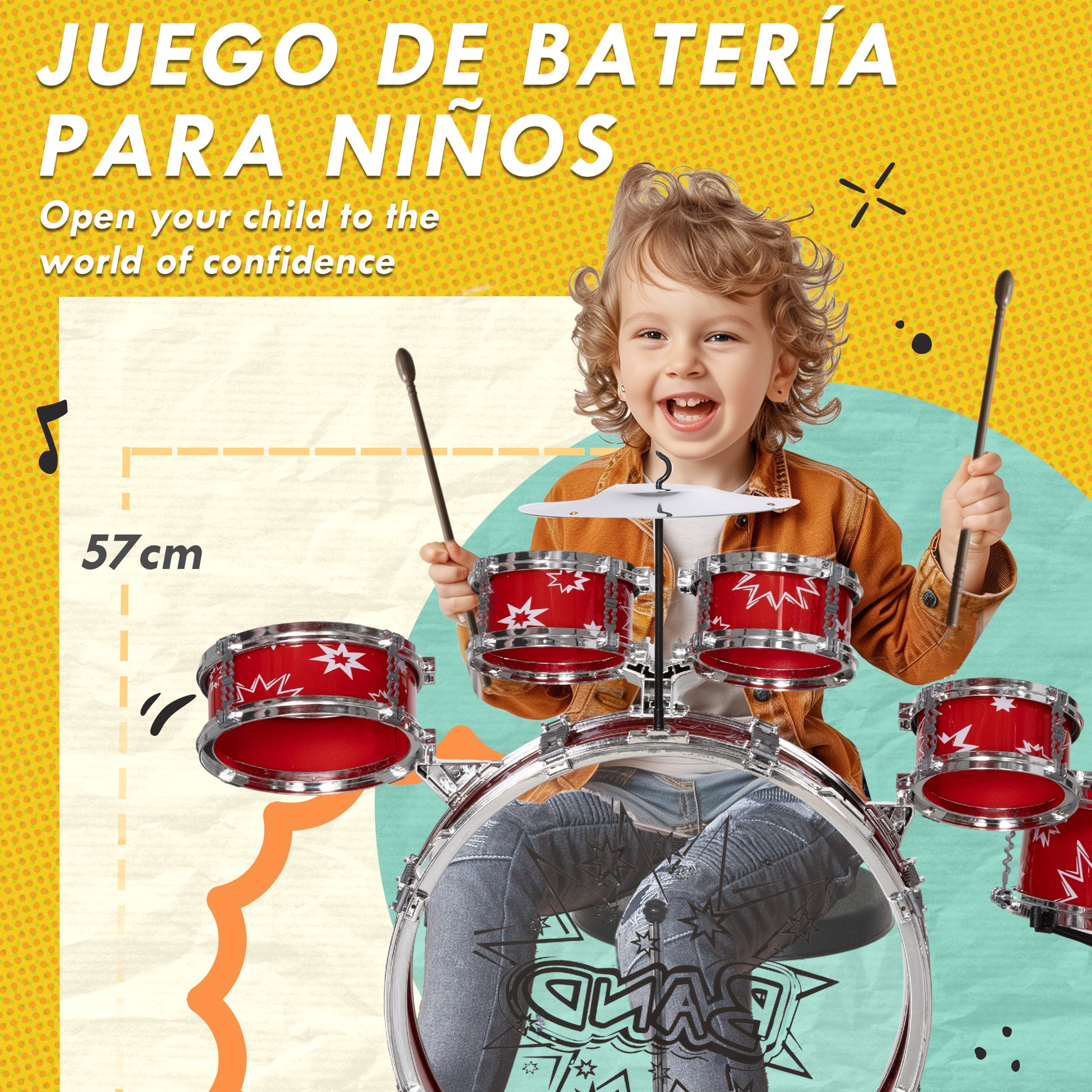 Kids Drum Set with Stool Children's Drum Kit for 3+ Years Old with Drums Bass Drum Cymbal Pedal and Drumsticks Star-themed Design 65x22x57 cm Red