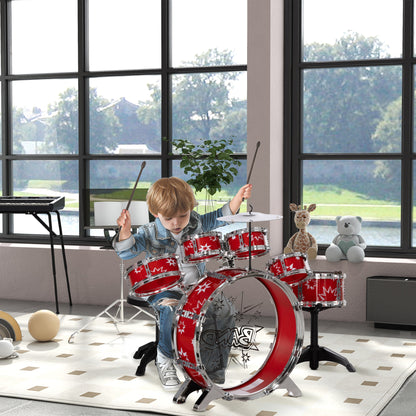 Kids Drum Set with Stool Children's Drum Kit for 3+ Years Old with Drums Bass Drum Cymbal Pedal and Drumsticks Star-themed Design 65x22x57 cm Red