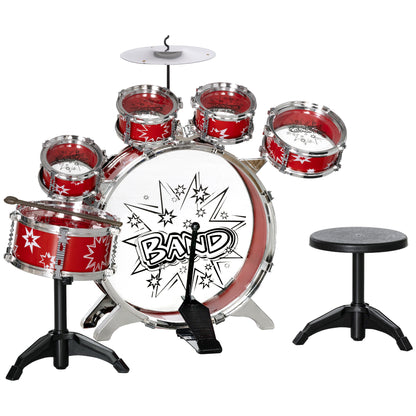 Kids Drum Set with Stool Children's Drum Kit for 3+ Years Old with Drums Bass Drum Cymbal Pedal and Drumsticks Star-themed Design 65x22x57 cm Red