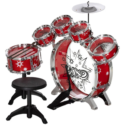 Kids Drum Set with Stool Children's Drum Kit for 3+ Years Old with Drums Bass Drum Cymbal Pedal and Drumsticks Star-themed Design 65x22x57 cm Red