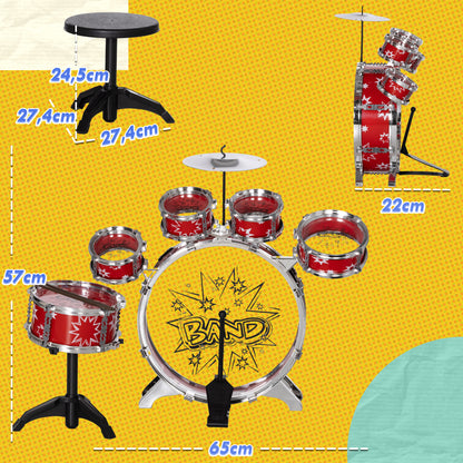 Kids Drum Set with Stool Children's Drum Kit for 3+ Years Old with Drums Bass Drum Cymbal Pedal and Drumsticks Star-themed Design 65x22x57 cm Red