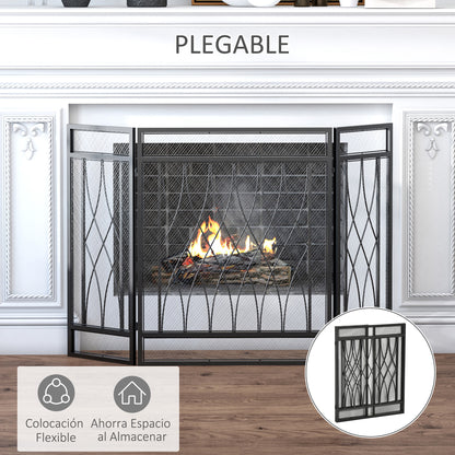 Folding Fireplace Screen Protective Fire Guard with 3-Panel Hinged Metal Structure 126x3x80 cm Black