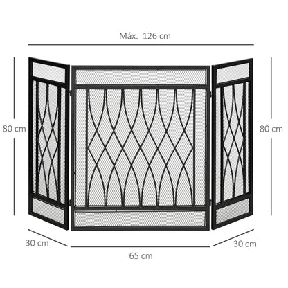 Folding Fireplace Screen Protective Fire Guard with 3-Panel Hinged Metal Structure 126x3x80 cm Black