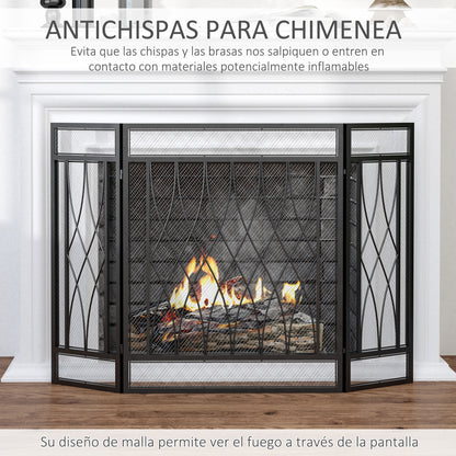 Folding Fireplace Screen Protective Fire Guard with 3-Panel Hinged Metal Structure 126x3x80 cm Black