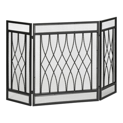 Folding Fireplace Screen Protective Fire Guard with 3-Panel Hinged Metal Structure 126x3x80 cm Black