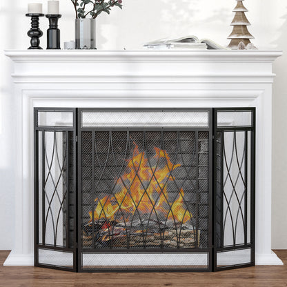Folding Fireplace Screen Protective Fire Guard with 3-Panel Hinged Metal Structure 126x3x80 cm Black