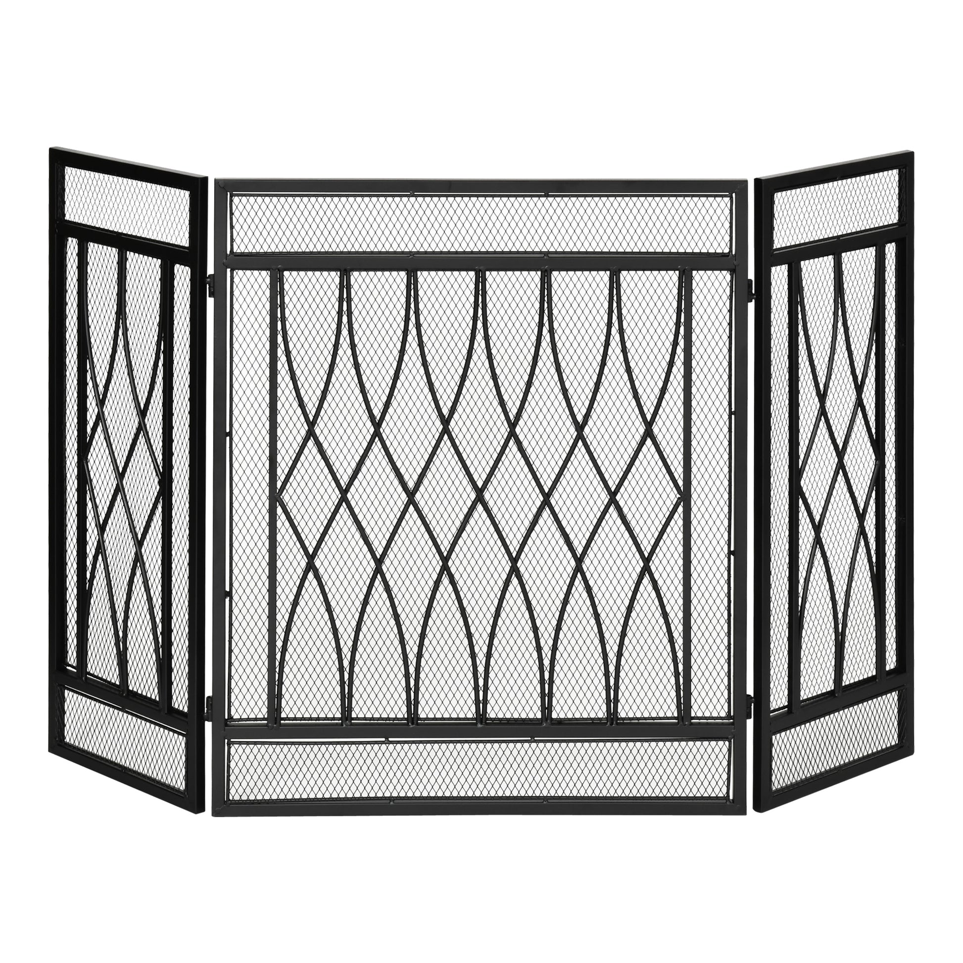 Folding Fireplace Screen Protective Fire Guard with 3-Panel Hinged Metal Structure 126x3x80 cm Black