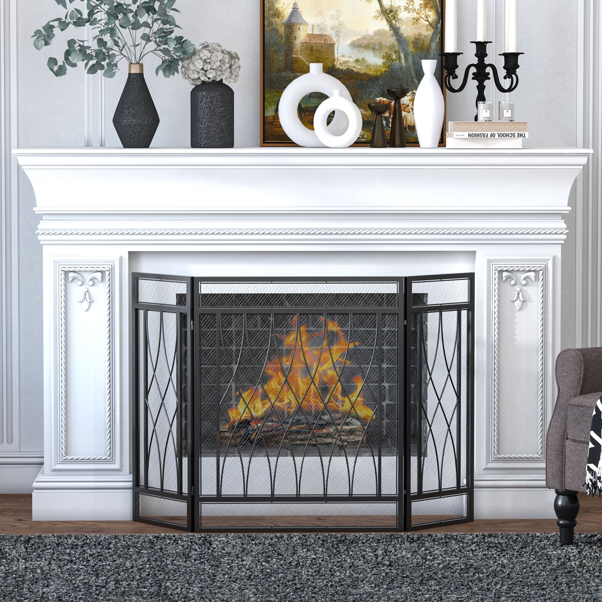 Folding Fireplace Screen Protective Fire Guard with 3-Panel Hinged Metal Structure 126x3x80 cm Black
