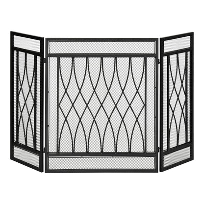 Folding Fireplace Screen Protective Fire Guard with 3-Panel Hinged Metal Structure 126x3x80 cm Black