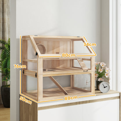 Wooden Hamster Cage 3 Levels Hamster Enclosure Small Pet Cage with Foldable Lid Exercise Wheel and Accessories, Small Animal Hutch Wood Cage for Hamsters Dwarf Hamsters 80 x 50 x 76 cm Natural Wood