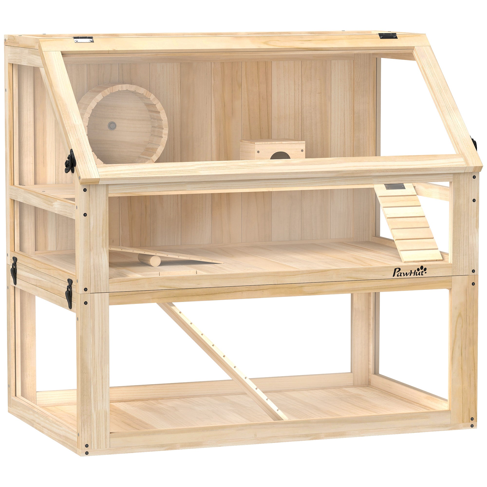 Wooden Hamster Cage 3 Levels Hamster Enclosure Small Pet Cage with Foldable Lid Exercise Wheel and Accessories, Small Animal Hutch Wood Cage for Hamsters Dwarf Hamsters 80 x 50 x 76 cm Natural Wood