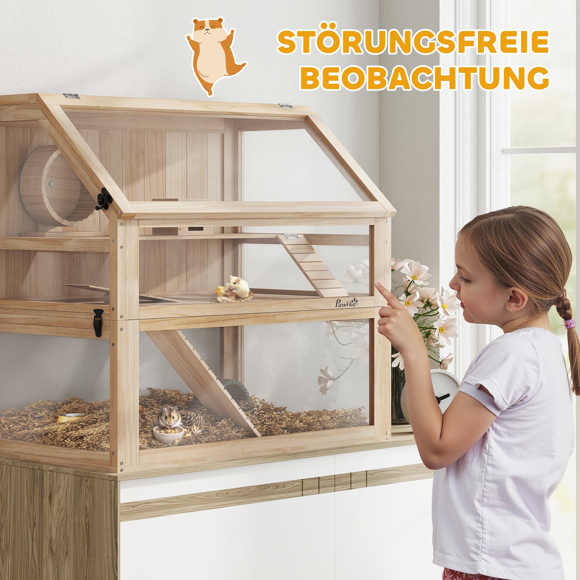 Wooden Hamster Cage 3 Levels Hamster Enclosure Small Pet Cage with Foldable Lid Exercise Wheel and Accessories, Small Animal Hutch Wood Cage for Hamsters Dwarf Hamsters 80 x 50 x 76 cm Natural Wood