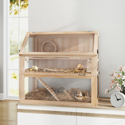 Wooden Hamster Cage 3 Levels Hamster Enclosure Small Pet Cage with Foldable Lid Exercise Wheel and Accessories, Small Animal Hutch Wood Cage for Hamsters Dwarf Hamsters 80 x 50 x 76 cm Natural Wood