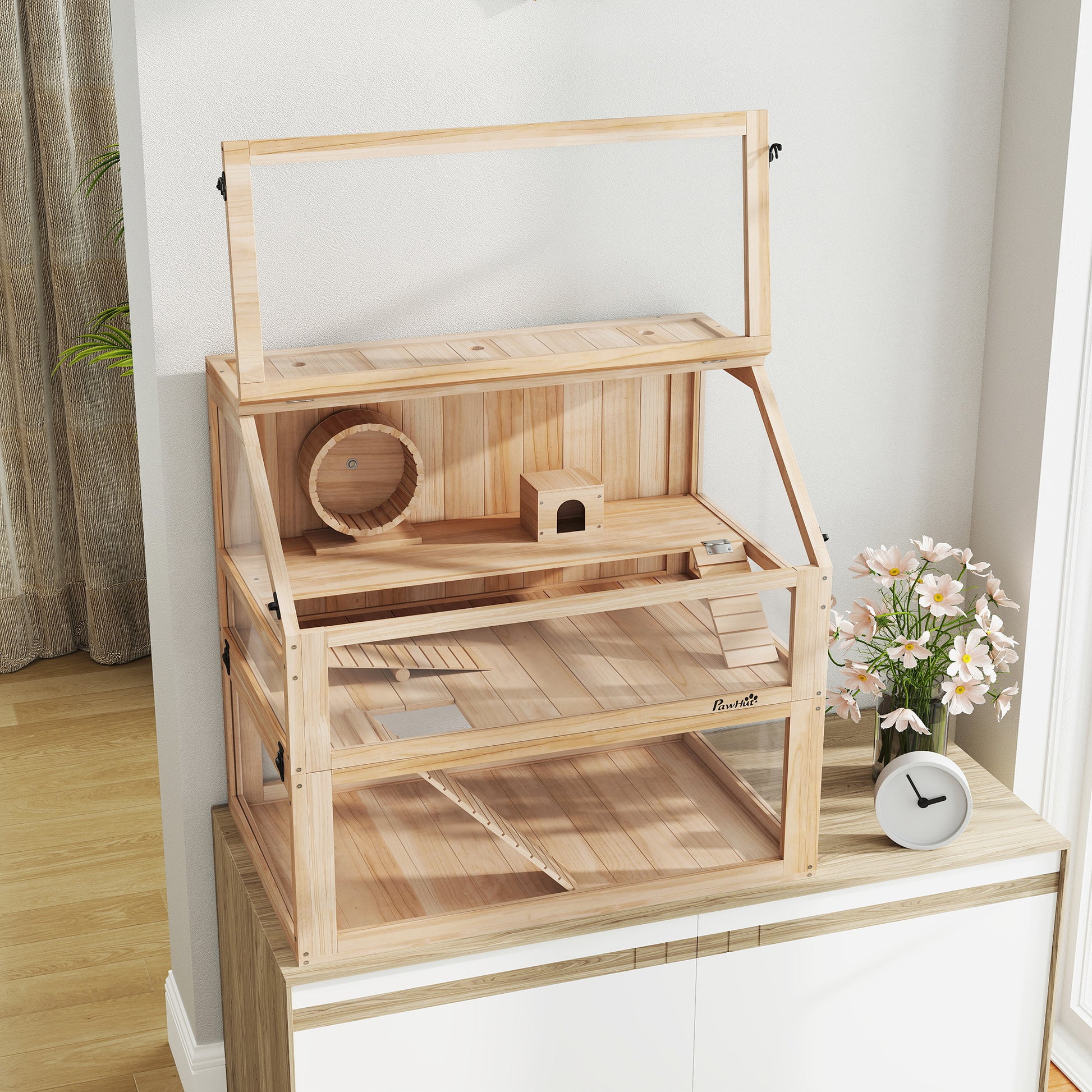 Wooden Hamster Cage 3 Levels Hamster Enclosure Small Pet Cage with Foldable Lid Exercise Wheel and Accessories, Small Animal Hutch Wood Cage for Hamsters Dwarf Hamsters 80 x 50 x 76 cm Natural Wood